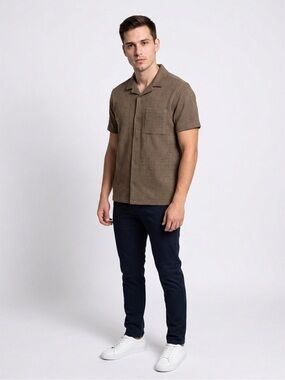 Men’s Common People Knit Brown Button Down Textured Short Sleeve Shirt Size M